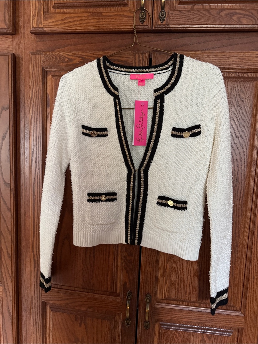 Lilly Pulitzer Nalayna Cream Bouclé Cardigan with Black Trim & Gold Buttons -NWT